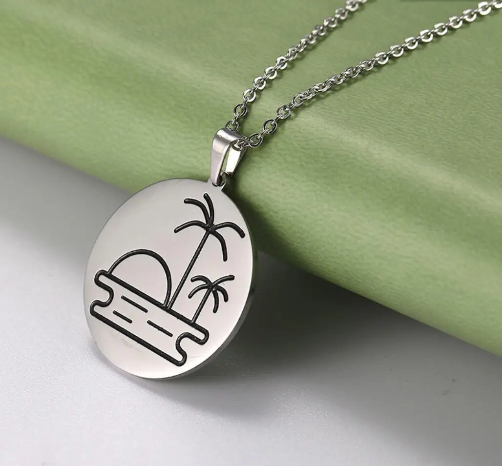 1PC Coconut Tree Sun Mountain Pendant Necklace Happy Camper Scenery Stainless Steel Golden Chain Necklaces Jewelry Gift F1579