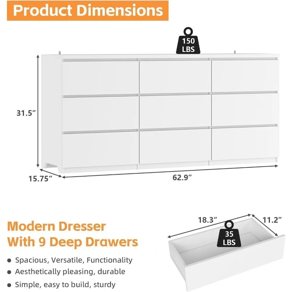 خزانة غرفة نوم أنيقة ذات 9 أدراج مع عمق تخزين كبير #2