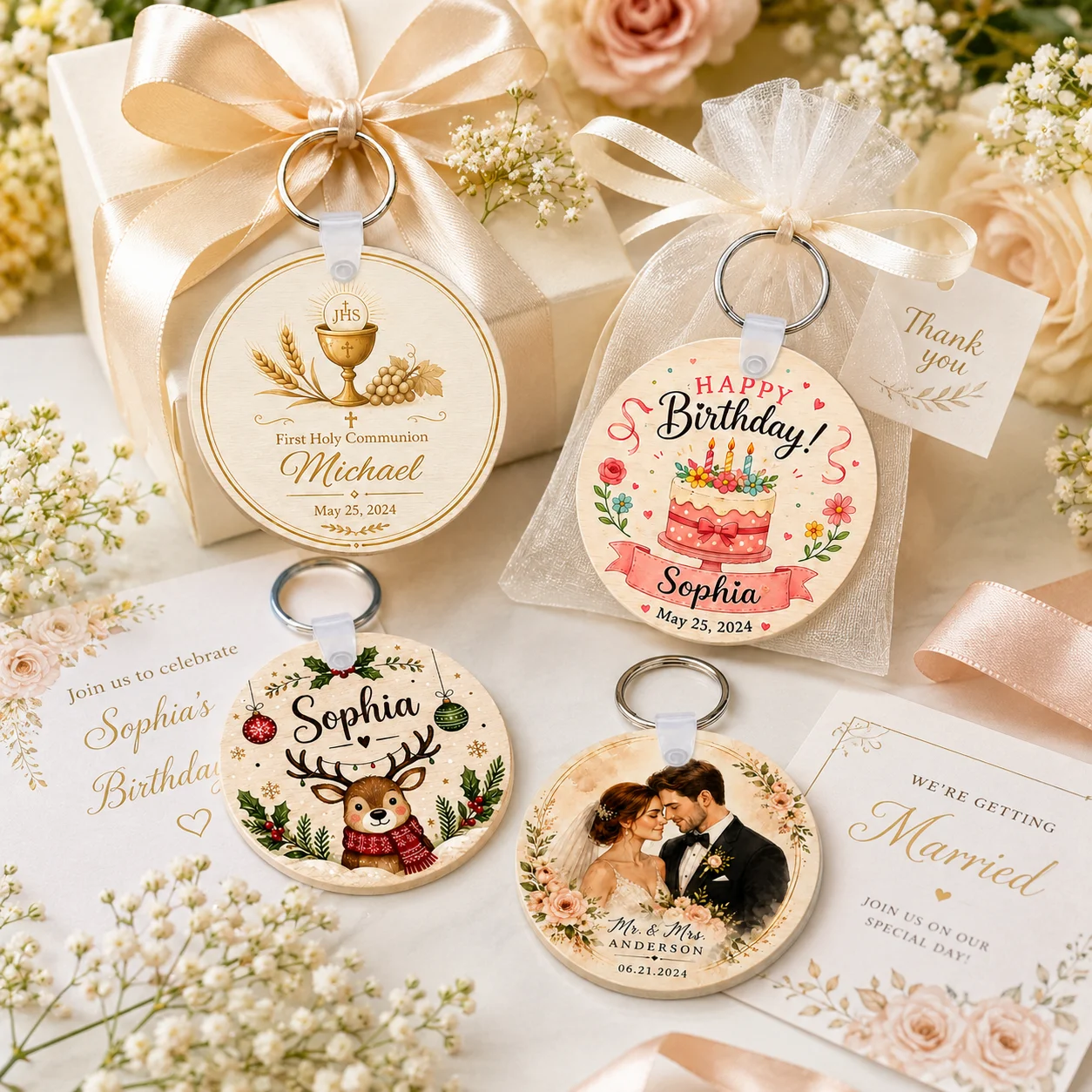 Personalized Wooden Hanging Ornaments - Customize with Name and Date - Suitable for Baptisms, Communions, Birthdays, Sleepovers, Weddings, Anniversaries - Elegant Table Centerpieces - Commemorative Gifts - Suitable for Girls, Boys, Adults - Birthday Party Decorations - Birthday Table Decorations