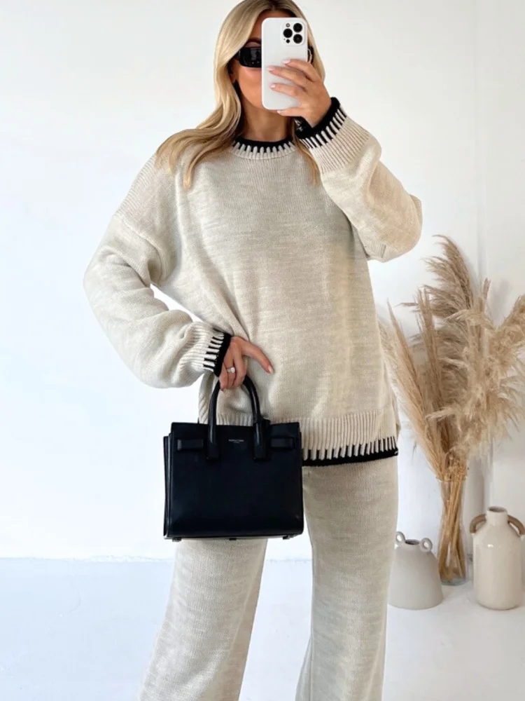 Striped Knitted Sweaters Long Pant Set Women Casual Split O-neck Pullover Suits With Maxi Pants Lady Autumn Chic Home Outfits