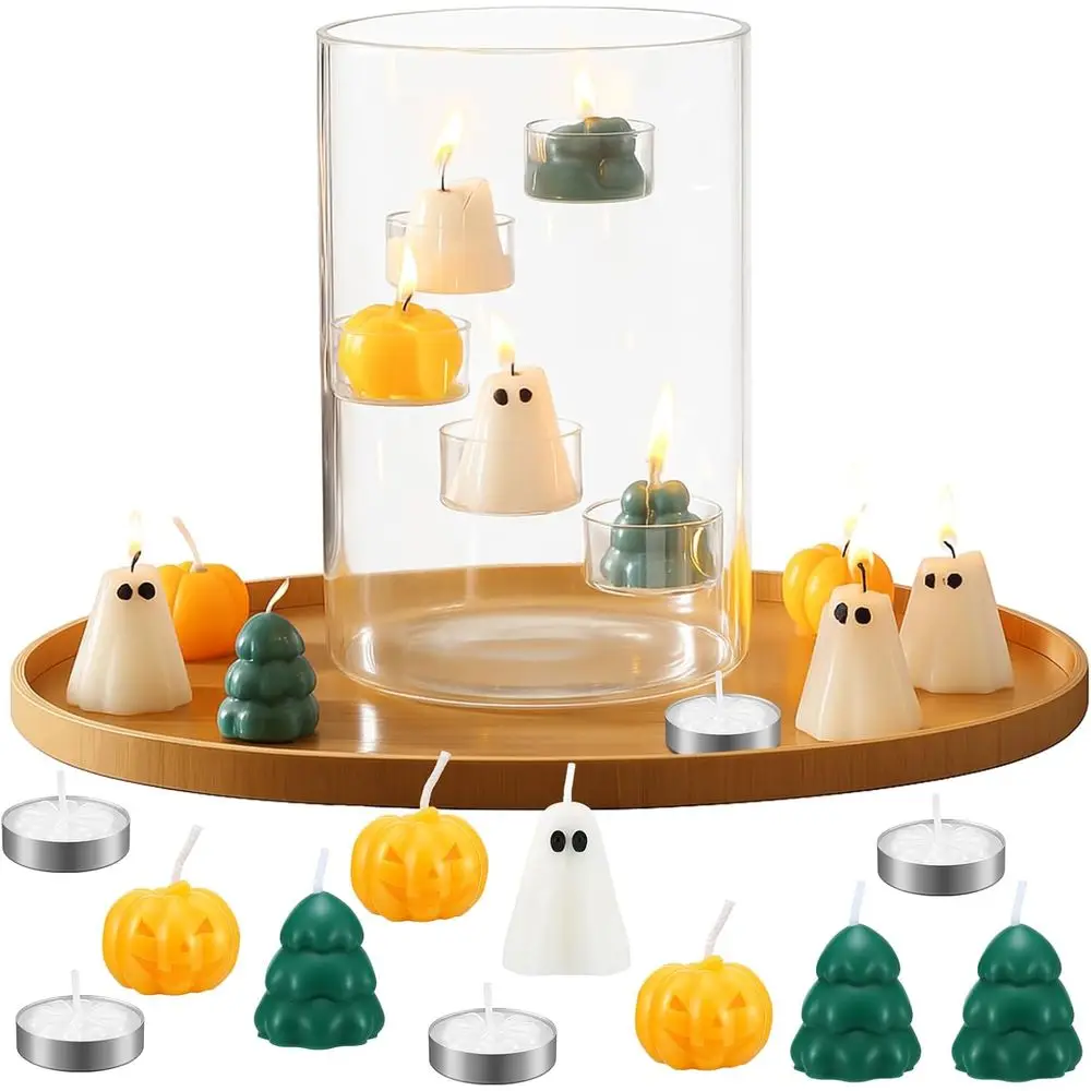 Halloween Glass Candle Holder with Candles and Tea Light Clear Cylinder Pillar Candle Holder or Halloween Table Centerpiece Deco