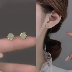 New Fashion White Green stone 6MM Pearl Electroplate Gold 925 Sterling Silver Stud Earrings for Women Fine Jewelry Gift