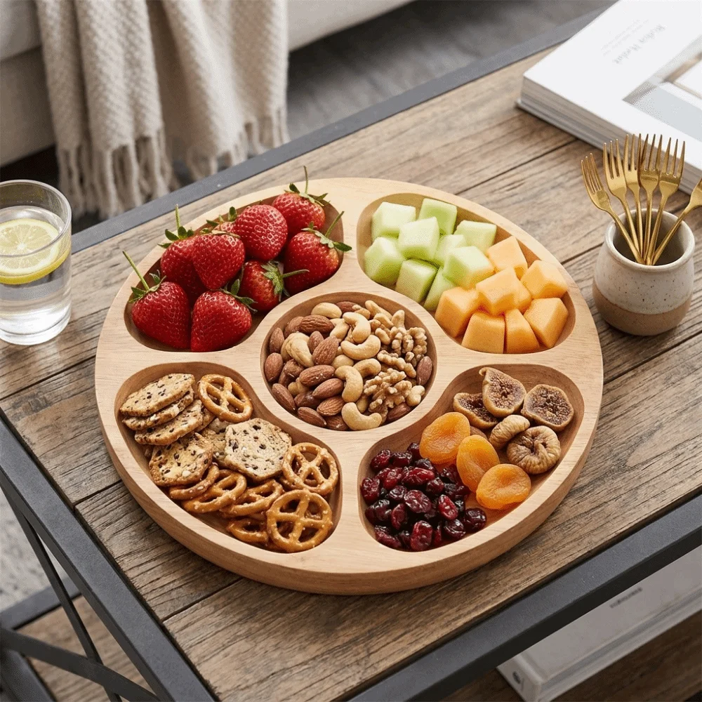Classic Wood Divided Tray Multi Grid Separated Smooth Nut Serving Platter Thickened Round Tea Snack Tray Food Plating