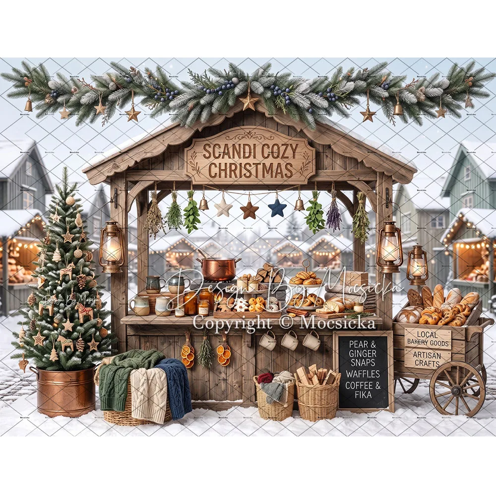 Mocsicka Christmas Market Stall Backdrop Photography Frost Pine Greenery Garland Xmas Tree Background Family Kids Winter Photo