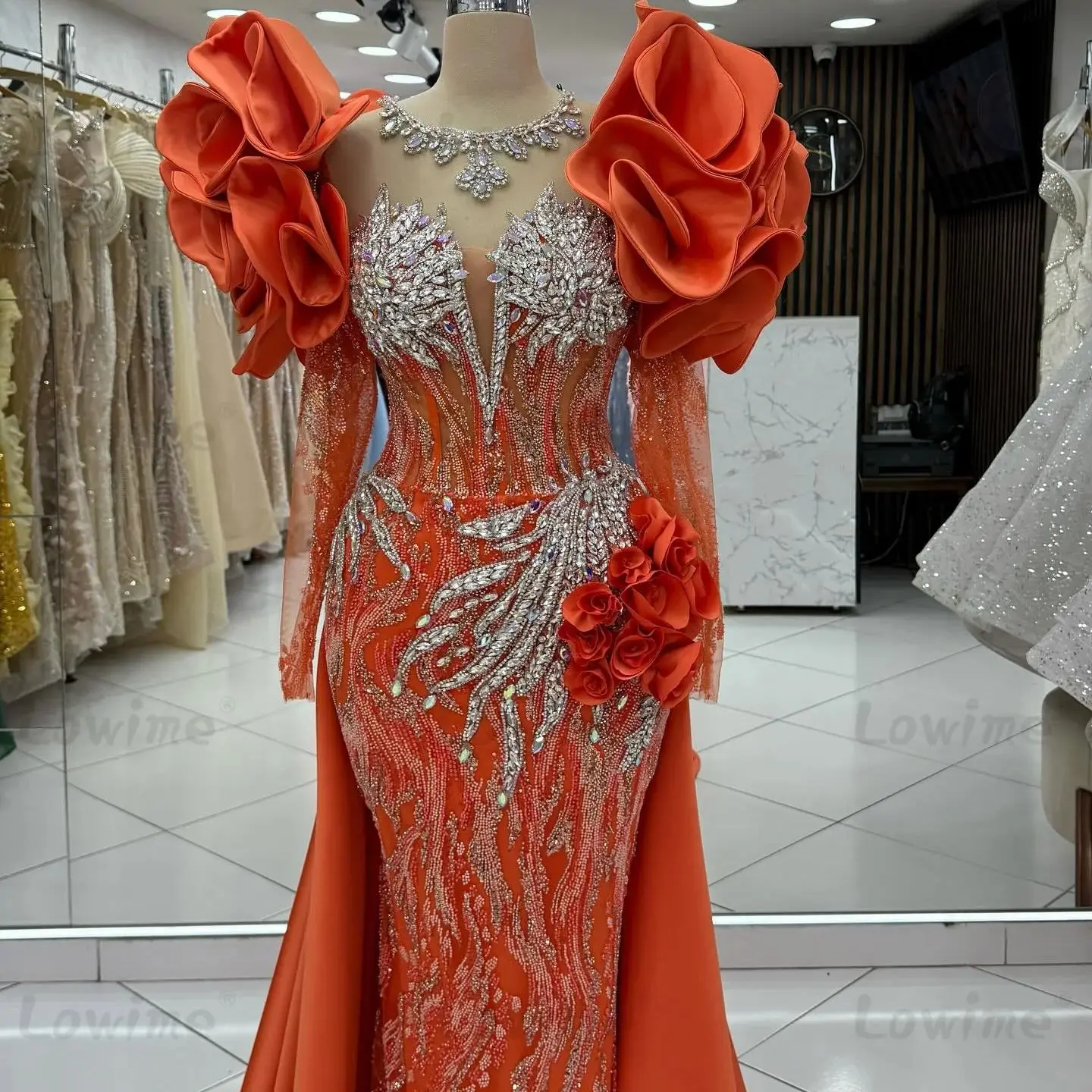 

Robes De Soirée 2026 Orange Mermaid Prom Dresses Ruffles Long Sleeve Women Evening Gowns Customized Arabic Dubai Party Dress