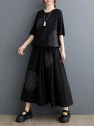 Oversized Flower Embroidery Summer 2 Two Piece Set Women Casual Modis Ladies Blouses Ruffle Pleated Loose Woman Midi Skirts