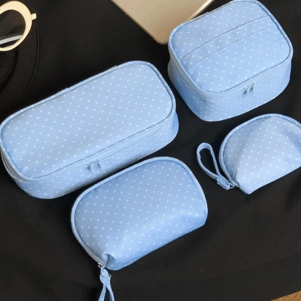 Organizer Polyester Polka Dot Makeup Bag Checkered Multi Size Travel Toiletry Storage Bag Zipper Light Blue Cosmetic Pouch Home