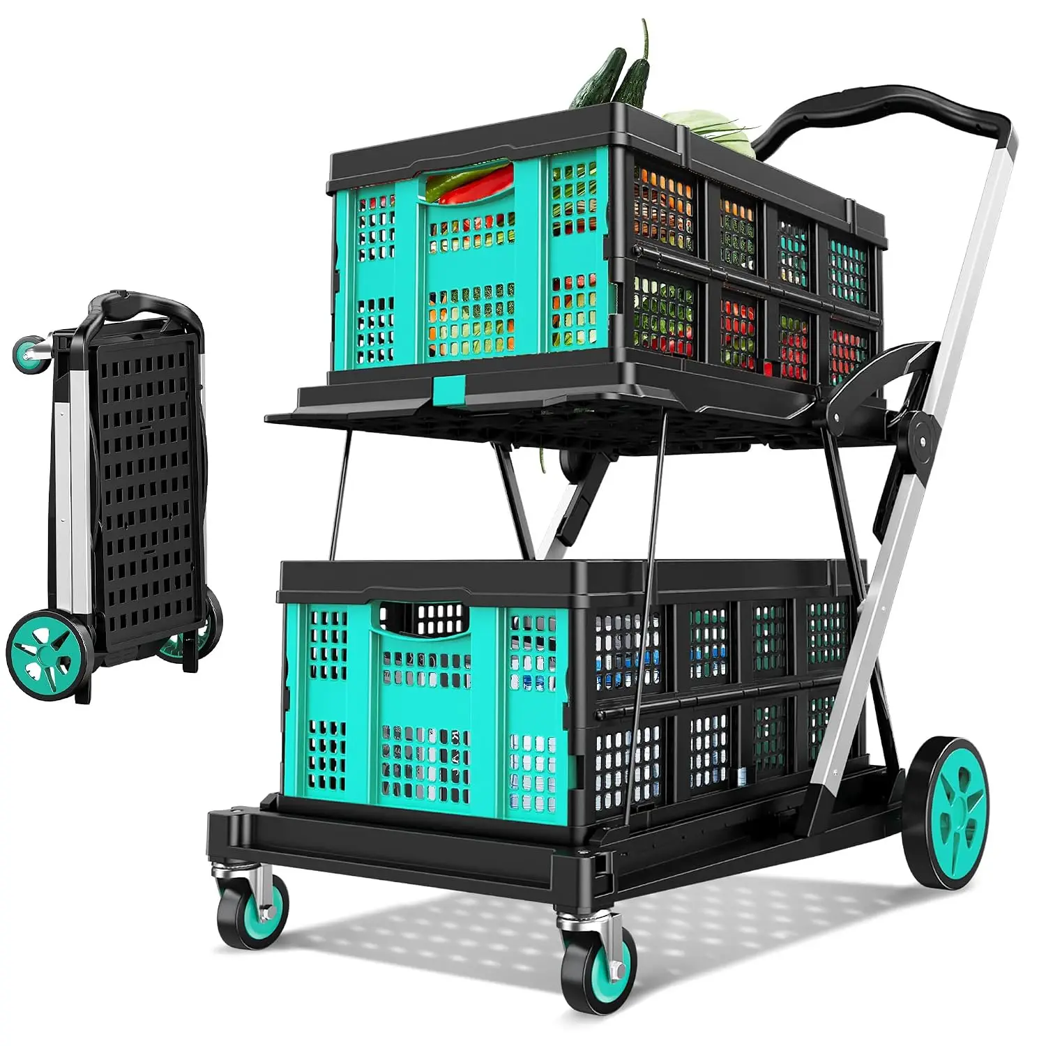 8-in-1 Max 200LBS Collapsible Shopping Cart on Wheels with 2 Storage Crates, Portable Foldable Shopping Cart with Foot Brake