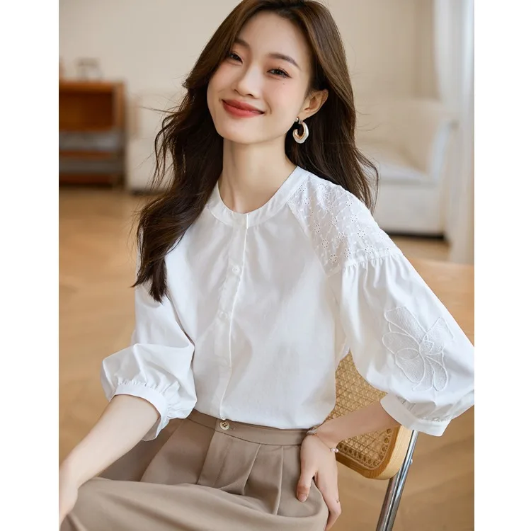 

Женский шелковый фонарь Ele с вышивкой, свободный крой, све, топ китайского бренда, осенний модный сплит-свеч