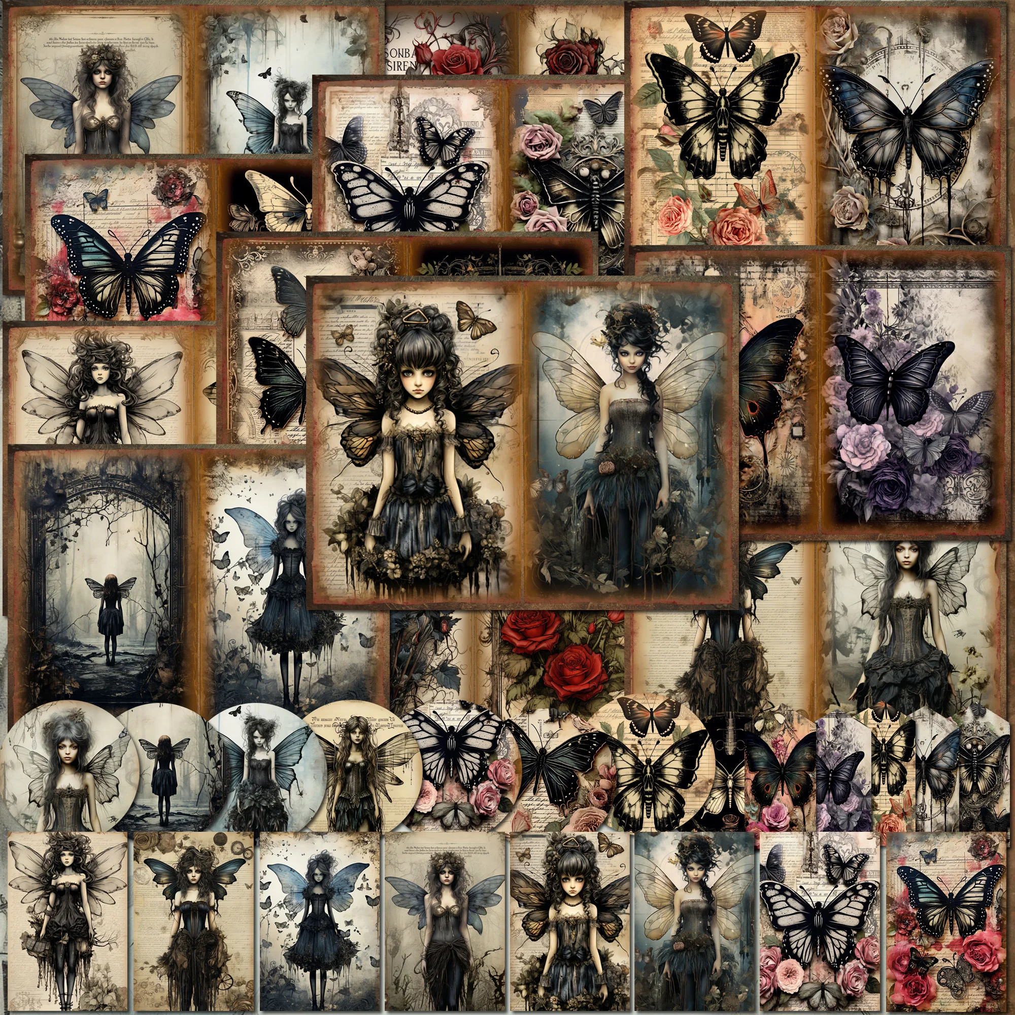 JAI IMAN 58pieces(12papers+46stickers) Gothic Butterfly Fairy Scrapbook Paper Set,Perfect for Journal Supplies,Junk Journal Kits