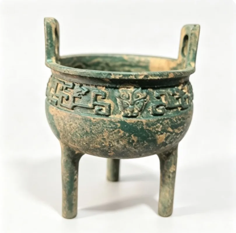 Chinese Antique Bronze Ding Tripod Censer Retro Sacrificial Vessel Home Desktop Decor Ornament Collectible Craft Gift