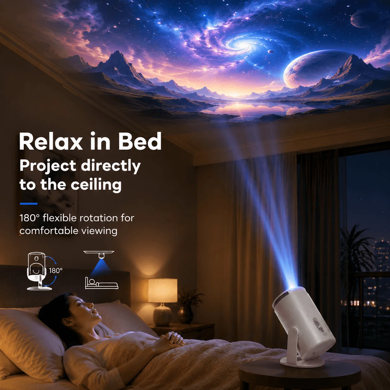Portable Projector Native 720P 4K Video Support WiFi 6 Bluetooth 5.4 200 ANSI 180 Degree Rotatable Home Theater Projector