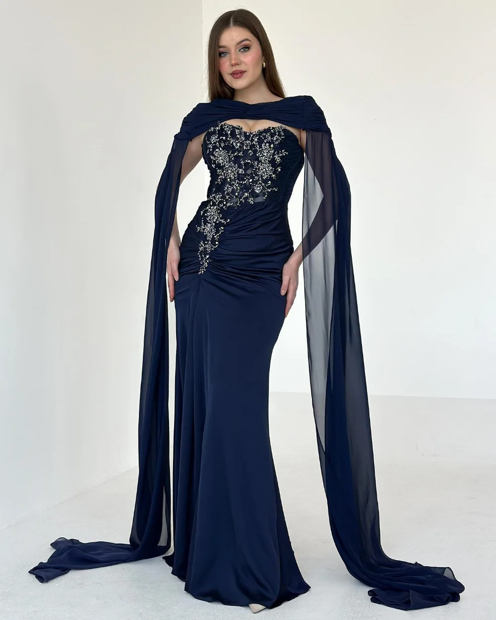 

Customized High Quality Elegant Jersey Pleat Rhinestone Embroidery Straight Poretrait Long Dresses Bespoke Occasion Dresses Sexy