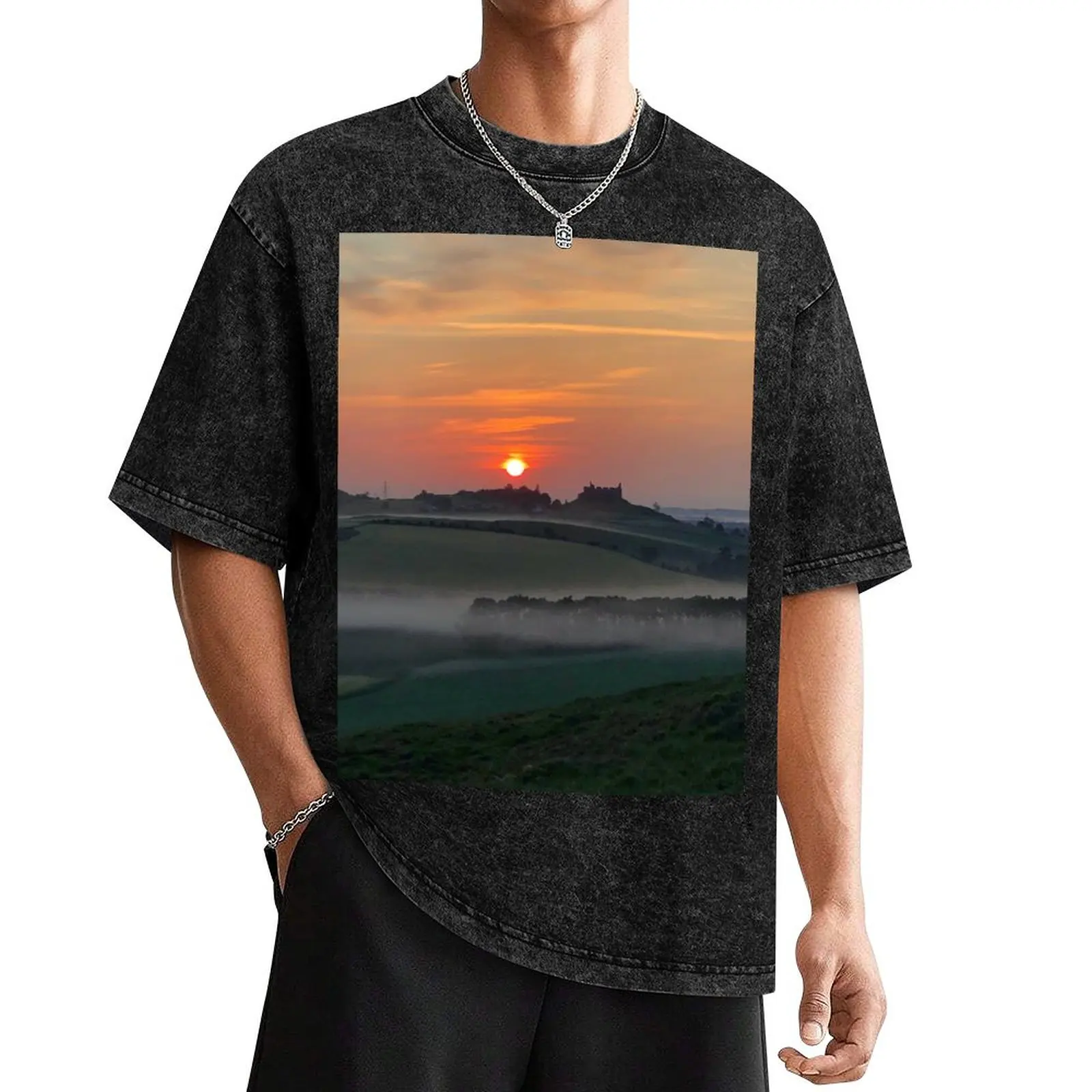 

Misty morning glow over Hume Castle near Kelso, Scottish Borders T-Shirt topping luxury t-shirt slim fit t shirts for men