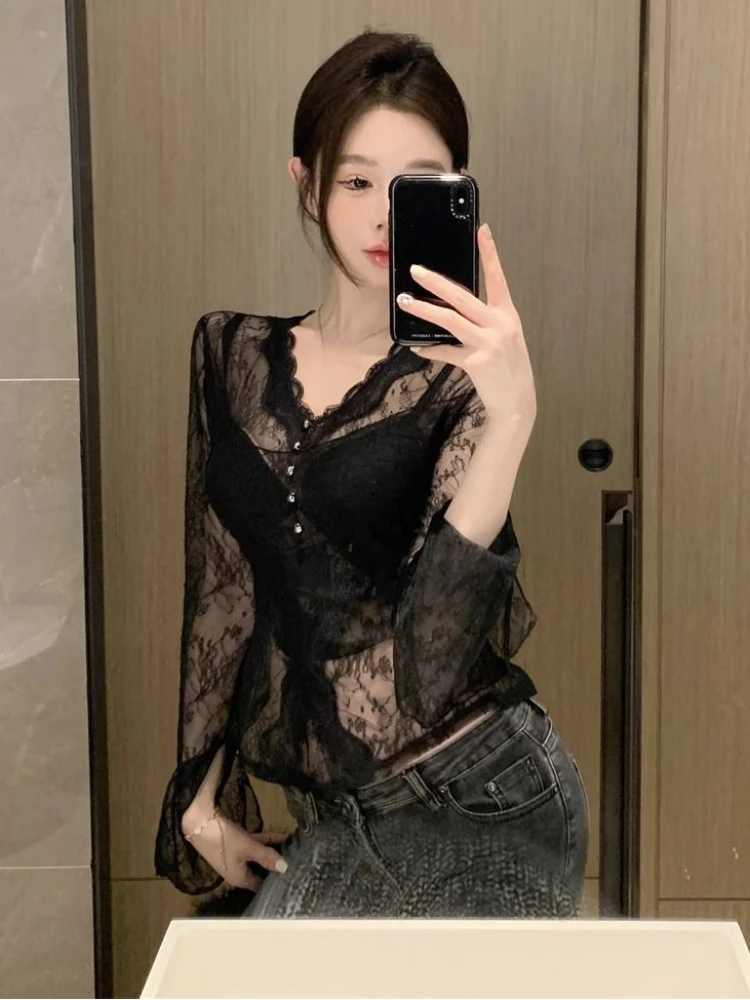 Sexy Y2k Aesthetic Vintage Printing Blouse Slim Streetwear Lace Patchwork Harajuku Shirts Women Beading Grunge Trendy Crop Tops