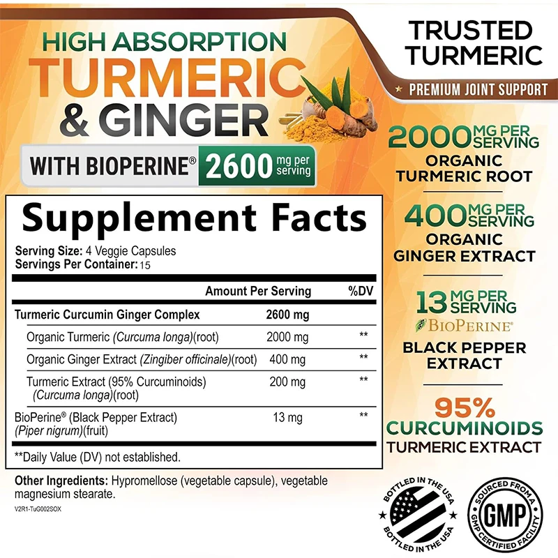 Contains Organic Turmeric, Ginger, and Black Pepper Extracts for Optimal Absorption - Natural Joint Support, 60 Capsules