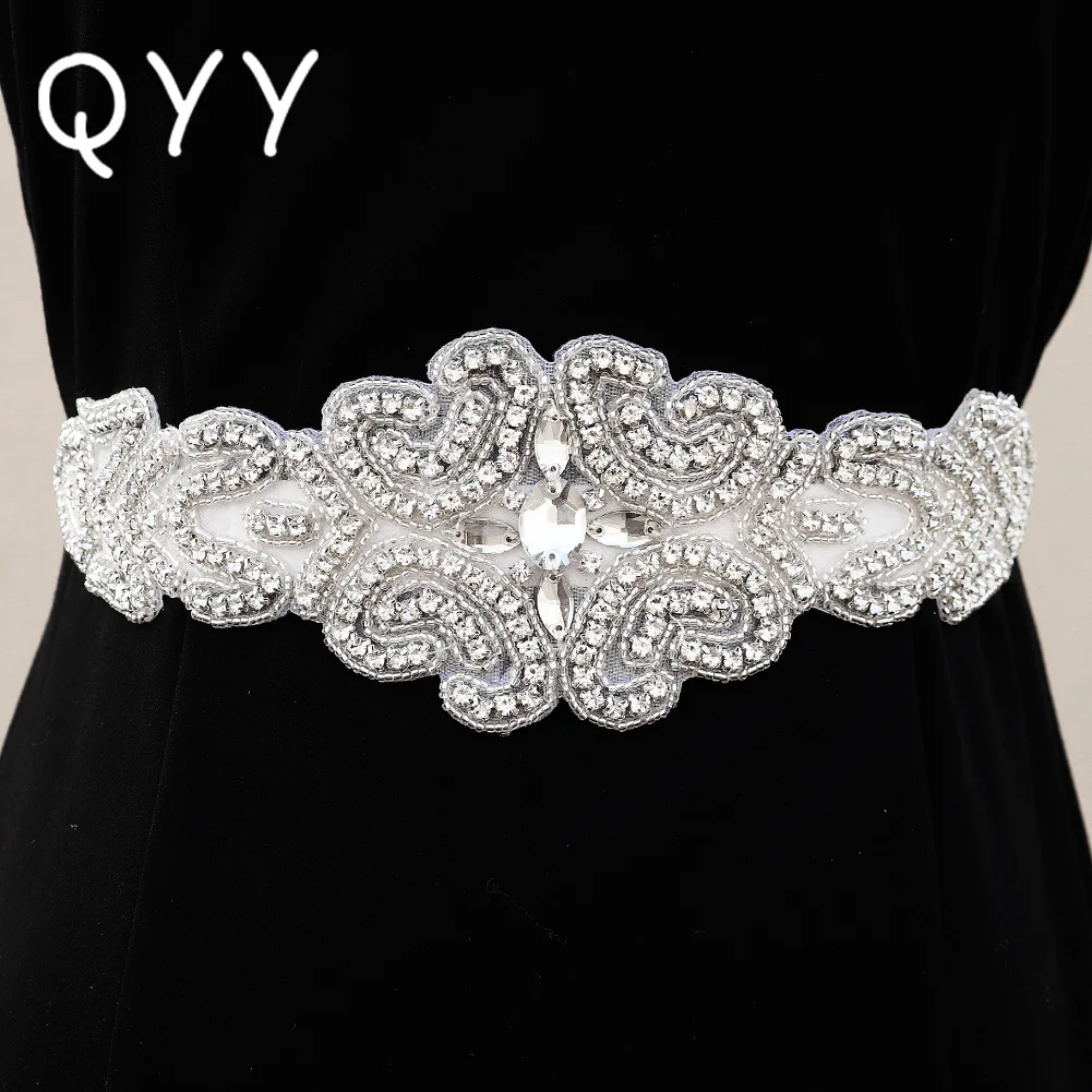 

QYY Fashion Bridal Satin Belts Crystal Wedding Accessories Prom Dress Belt Ivory White Strass Bride Sash Bridesmaid Gift