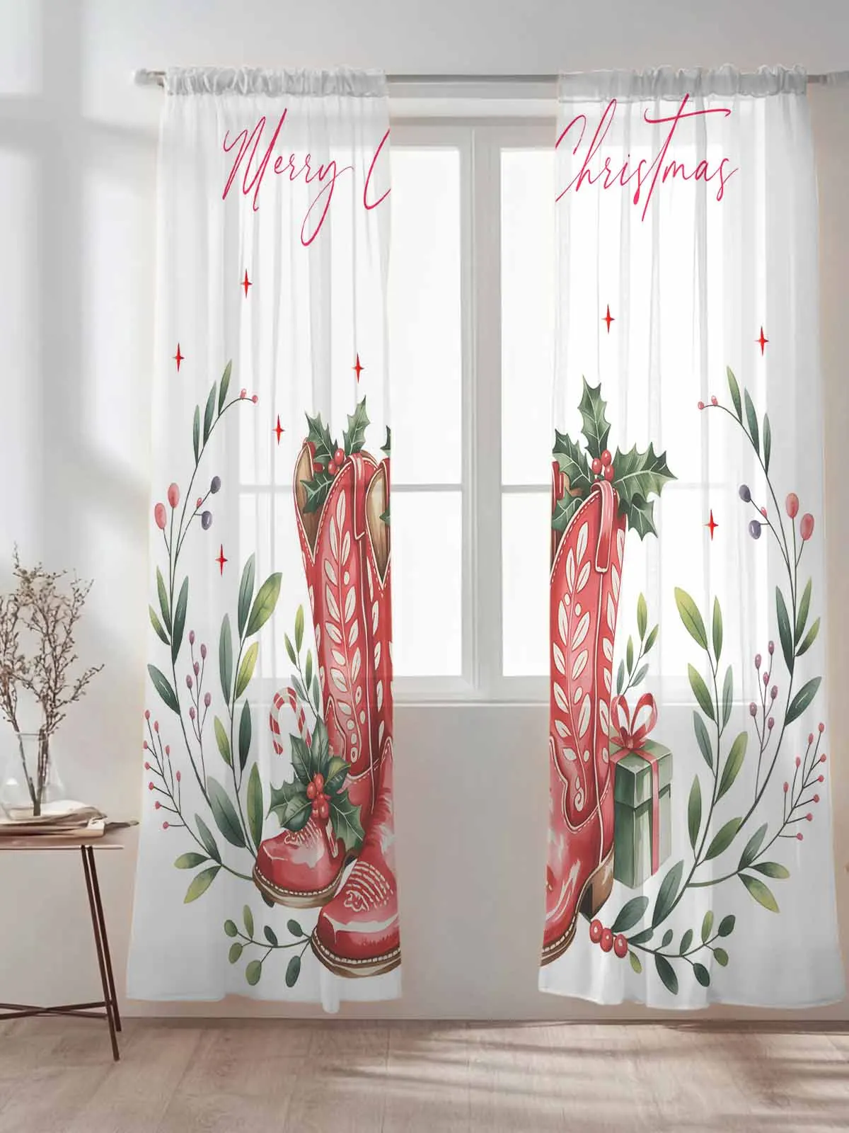 

Christmas Plant Boots Gift Tulle Sheer Curtains for Living Room Bedroom Kitchen Decoration Voile Organza Curtains