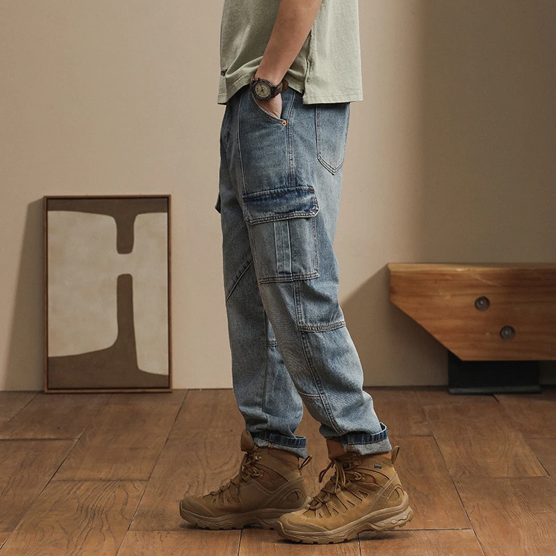 Loose Harem pants Japanese retro multi pocket jeans men's spring and autumn cargo clothes casual patchwork pants