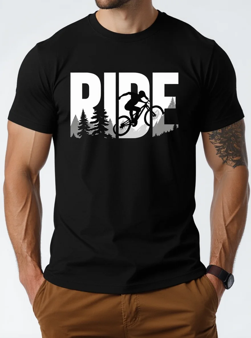 

Men's Mountain Bike T-Shirt - 100% Cotton Pine Tree Print Outdoor Adventure Casual Tee
