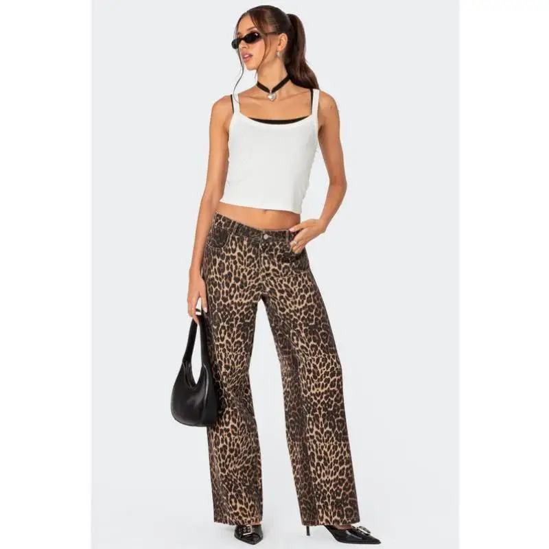 

Men's Low Waist Denim Jeans Leopard Print Faionable Youthful Sle Fce Lined Seven Quarter Sve V Ne ort Length