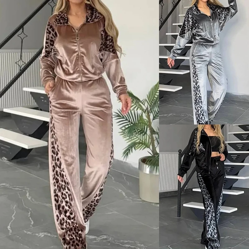 

Faionable Color Blo Leopard Print Long Sve Zipper Top And Pants Set Women's Spring Collection Two-Piece Suit Long Pants