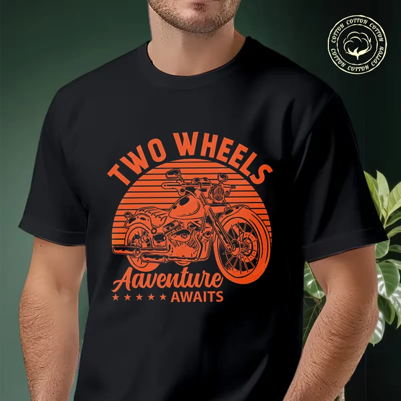 

2026 Men Cotton Casual T-shirts Vintage Motorcycle Two Wheels Aaventure Awaits Tee Men s Summer Cycling Sportswear Tops
