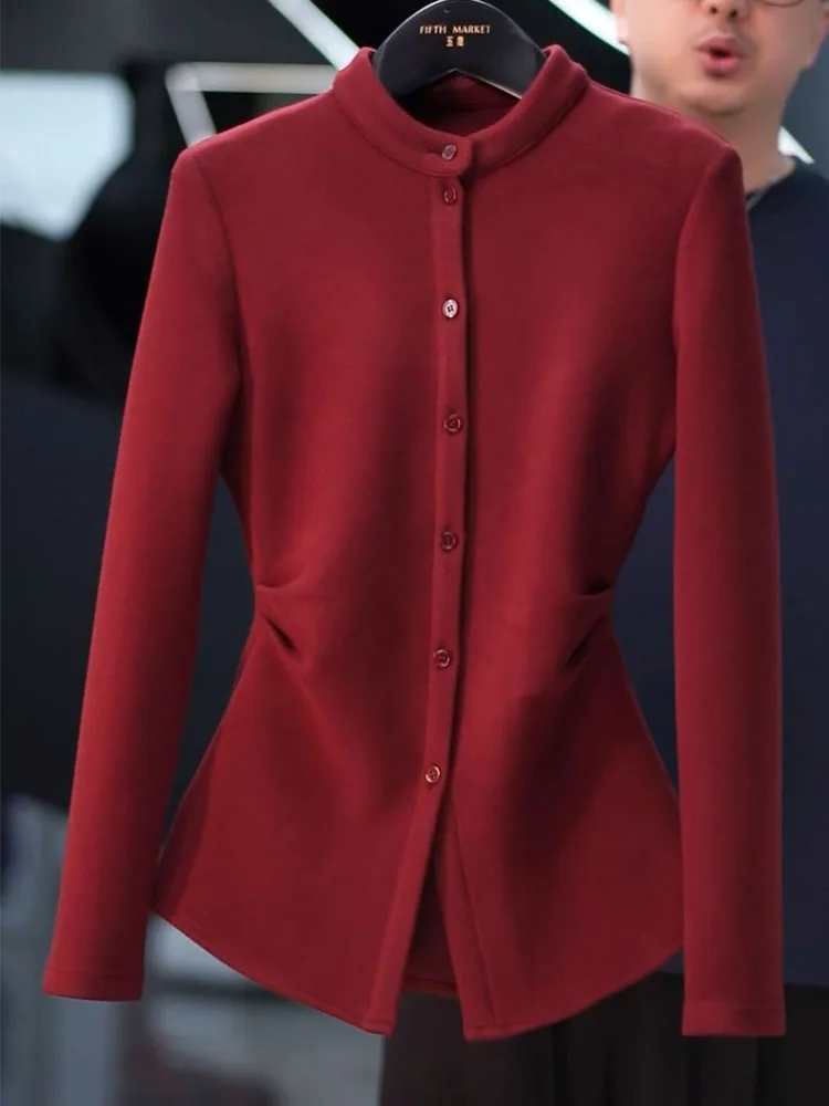 

Elegant Red Knitted Base Shirt Women's Slim Fit Waist Cinching Commute Fashion Spring 2026 New Style Inner Wear Base Top