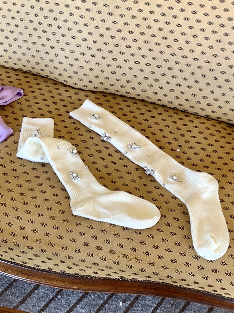 Thick Wool over Tube Socks Vertical Stripes Solid Color Rhinestone Pearl Model Style Autumn and Winter