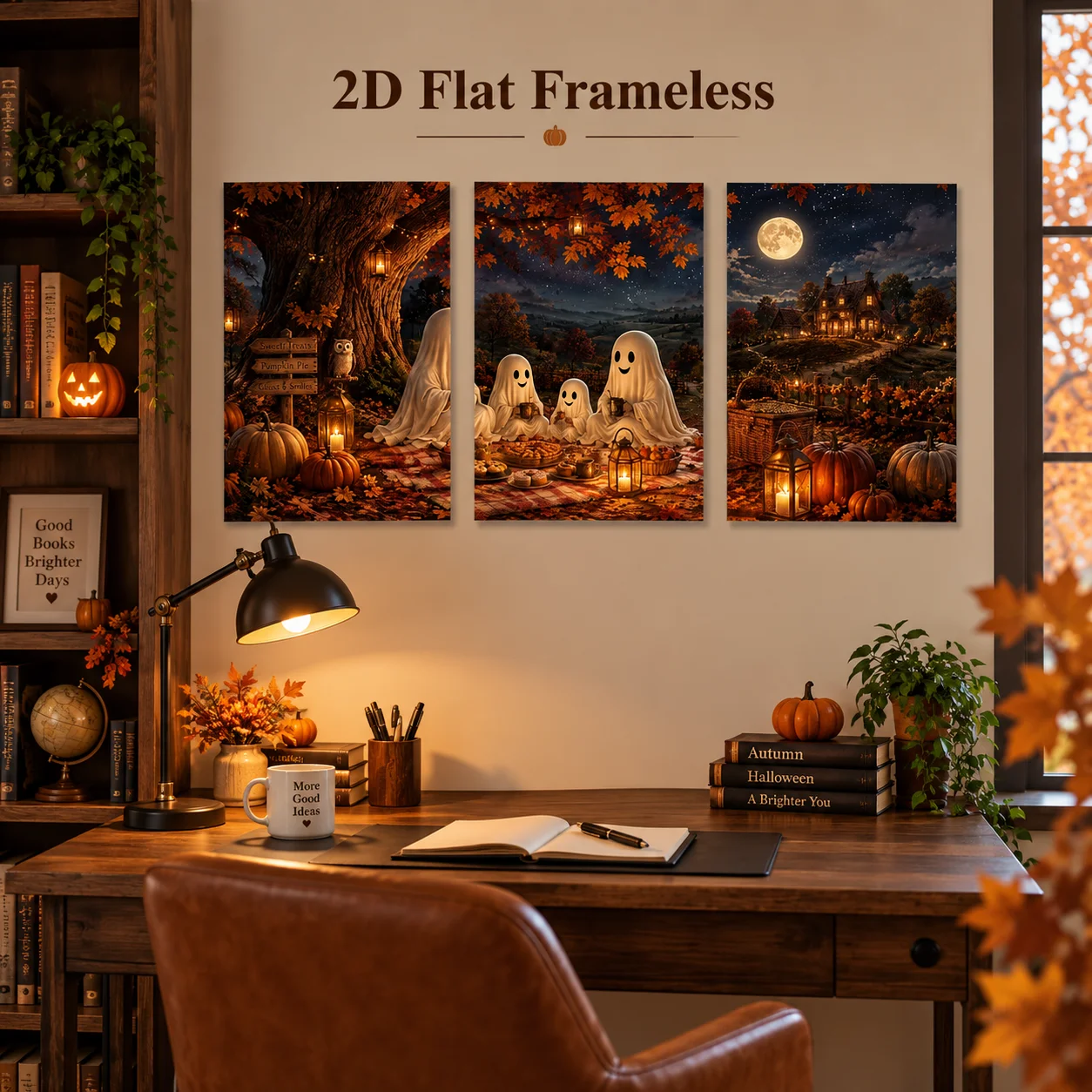3 2D flat printed frameless paintings featuring Ghost Pumpkin Lantern, Full Moon, and Autumn Scenery