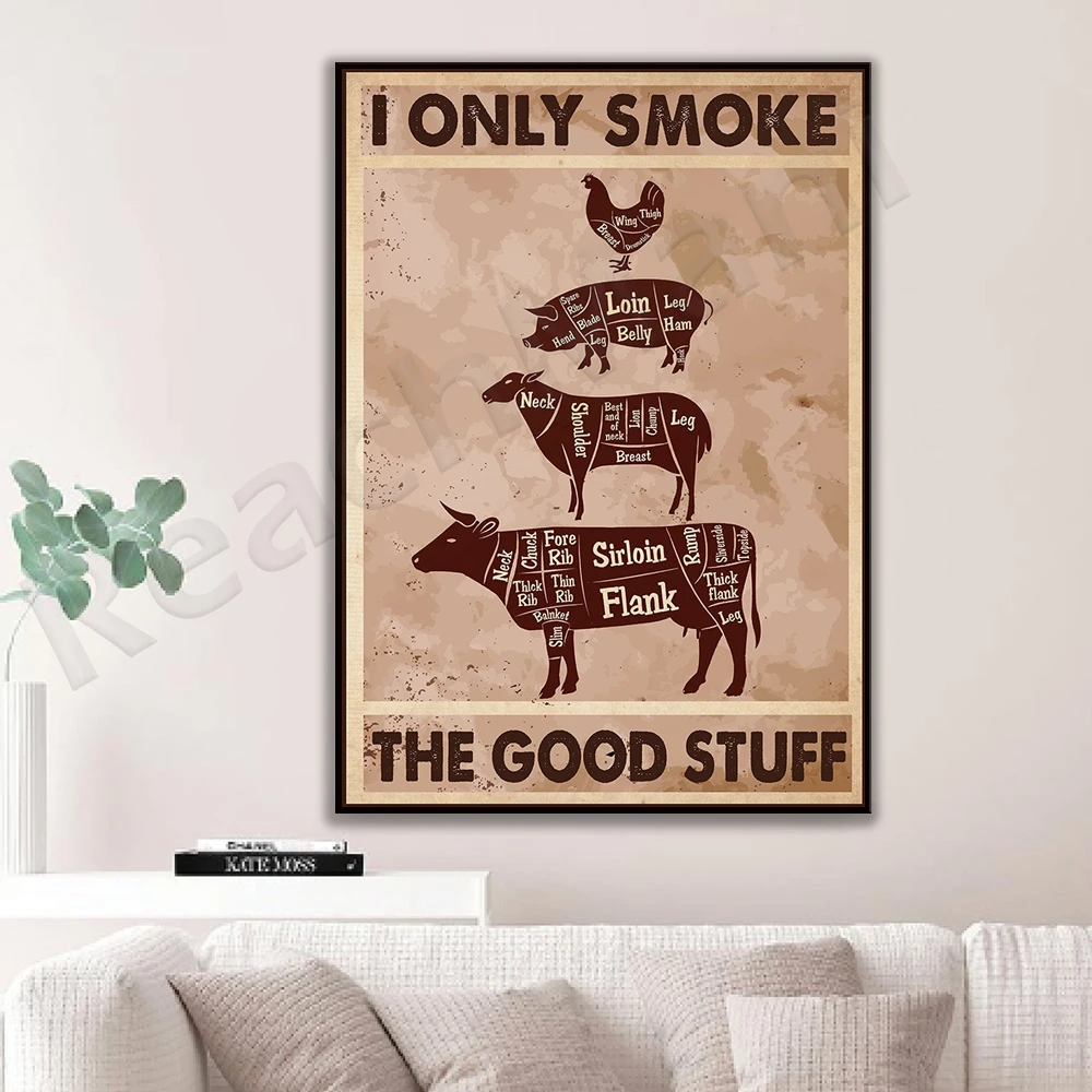 i smoke only good stuff BBQ poster, BBQ poster, butcher cut poster, smoking meat, meat lover, kitchen wall decor