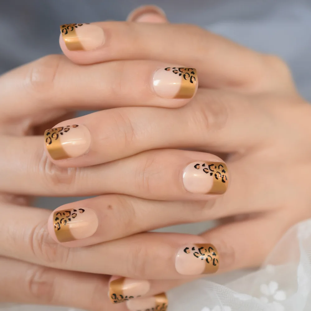 Leopard Print Short French Fake Nail Square Gold Designed Fingernail Natural Daily Wareable Artificial Nails