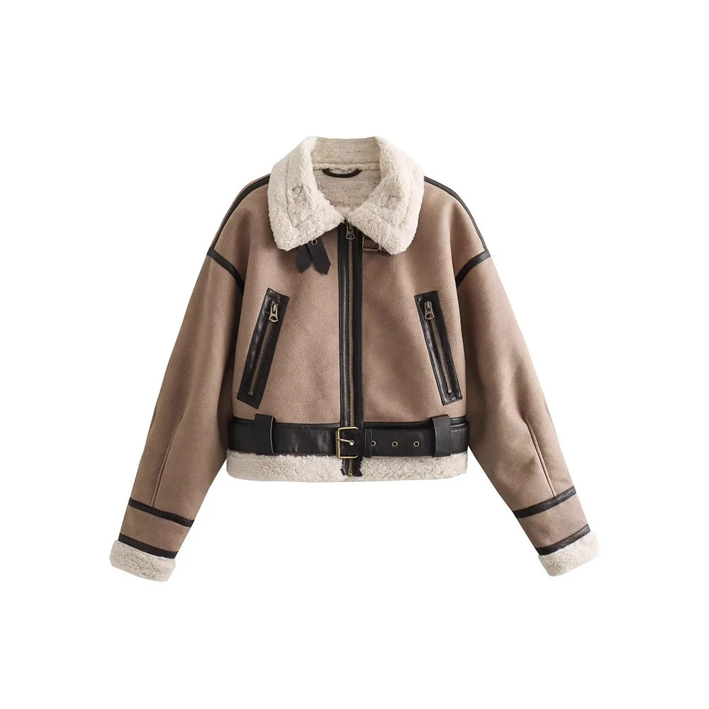 Women's Fashion Figure Flattering Windproof Faux Fur Shearling Vintage Biker Short Jacket Versatile Zipper Trendy Ladies Coat