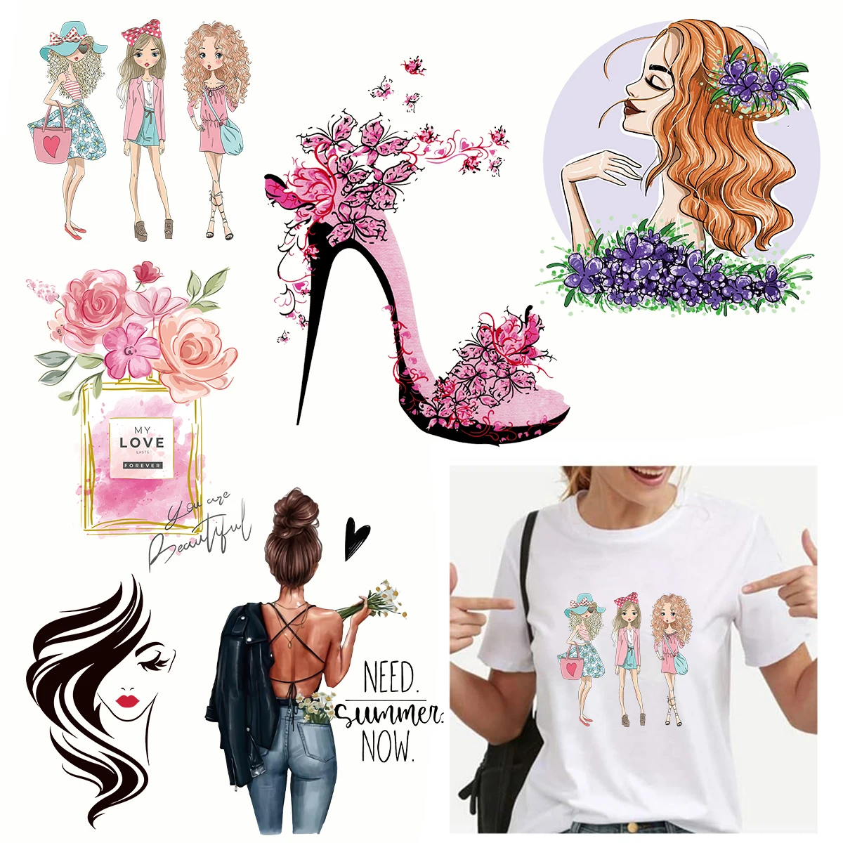 Beautiful Girls Iron on Patches, Fashion Girls Heat Transfer Stickers, for T-Shirt Jeans Backpacks Families Clothing Hat