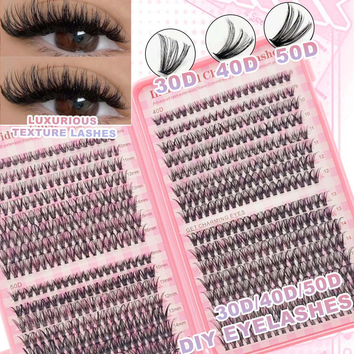 640pcs Pink Lash Extension Book DIY Clusters 30D+40D+50D Faux Mink Individual Lashes for Halloween Christmas New Year