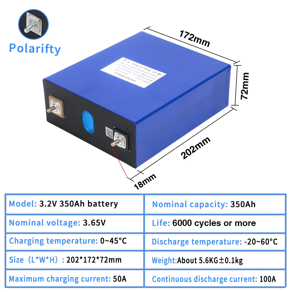 4PCS 3.2v 350ah Lifepo4 Lithium Iron Phosphate Battery DIY 12V 24V 36V 48V Grade A Rechargeable Cells For Solar Storage System