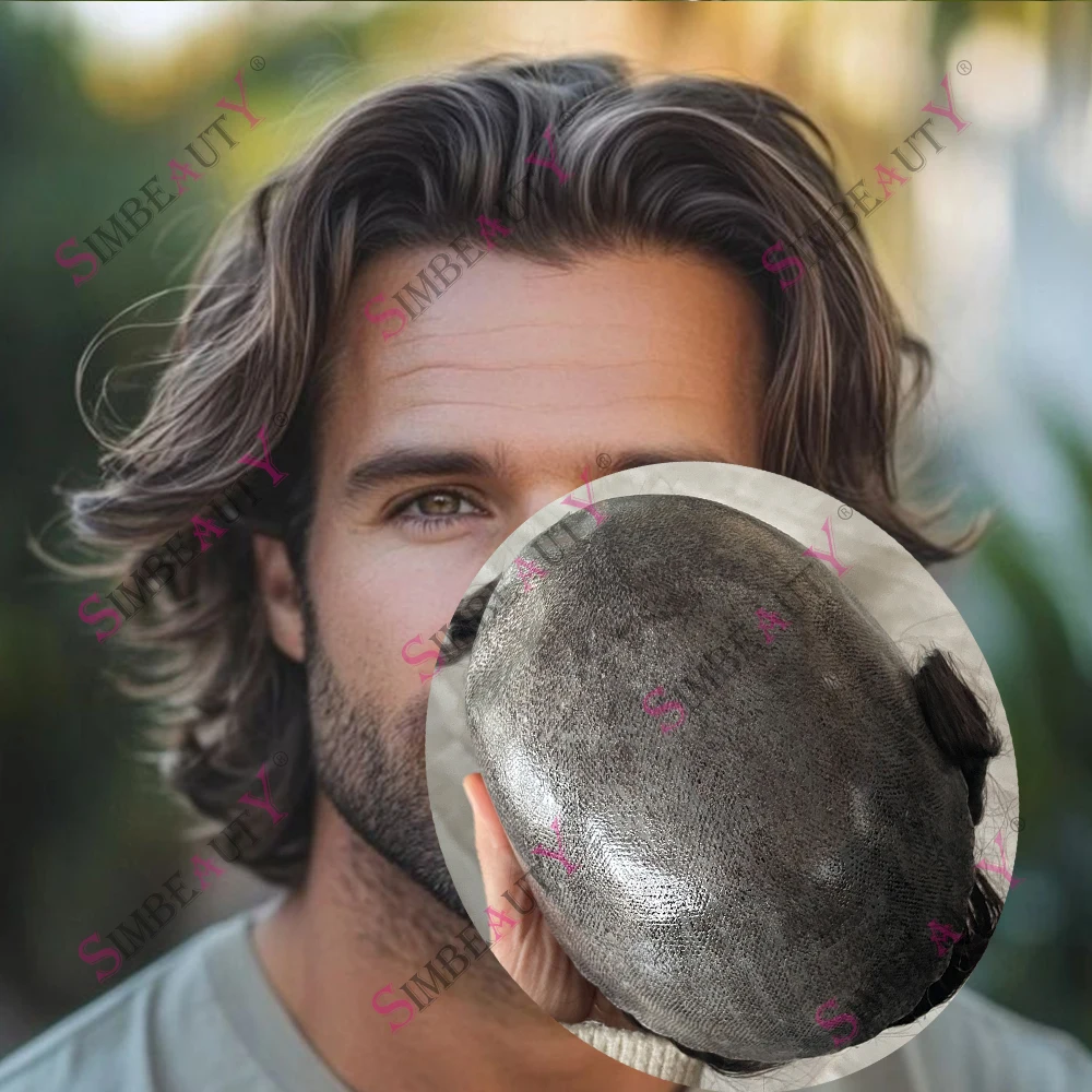 

5Inches Wave Straight Men's Soft Human Hair Toupee Wig Grey Brown Natural Hairline Cheap 0.1mm Injection Skin Replacement System