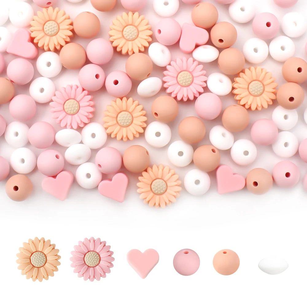 18Pcs/Set Silicone Beads Set Cute Daisy Heart Shape Focal Bead for Jewelry Making Pen DIY Keychain Fashion Handmade Accessorie