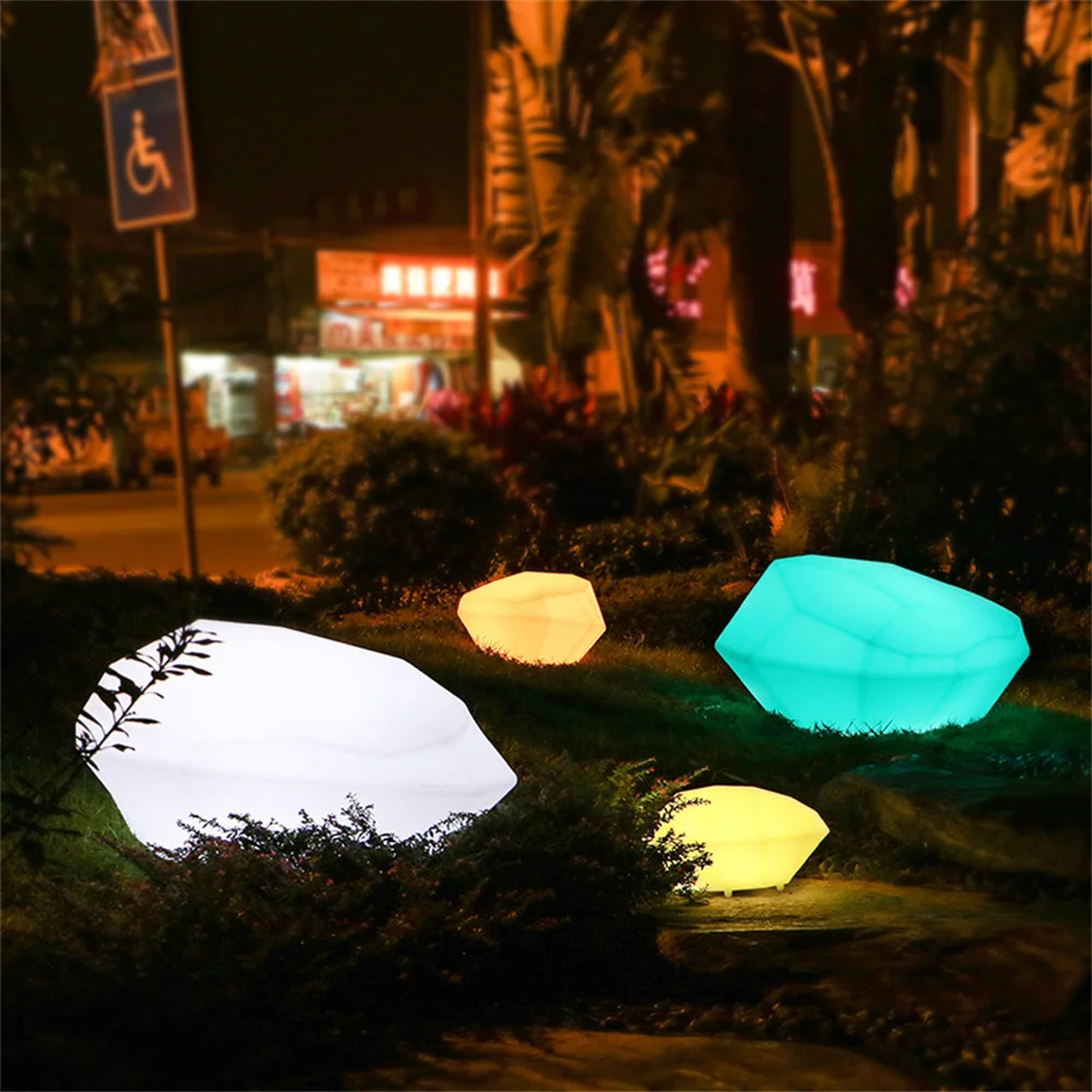 carga usb rgb led brilhante pedra forma luz ao ar livre jardim paisagem lampada do gramado com controle remoto para patio gramado festa decoracao 01