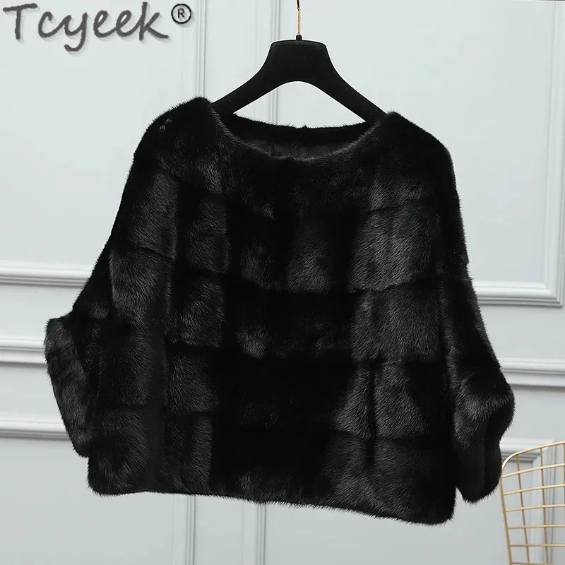 Tcyeek-Jaqueta de pele real para mulheres, patchwork, vison, casaco curto, pulôver feminino, moda inverno, 2024