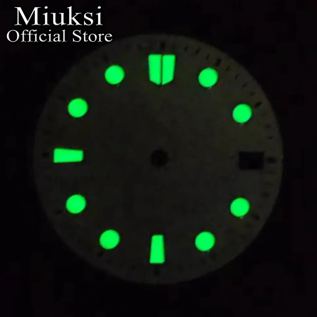 Miuksi 28.5mm black blue green white red orange sterile watch dial luminous fit NH34 NH35 movement fit 3/3.8/4.2 o\'clock crown