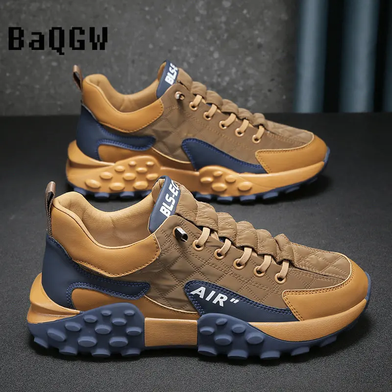 Chunky Sneakers Men Soft Sole Running Shoes Fashion Casual Leather Fabric Breathable Height Increased Flat Platform Board Shoes