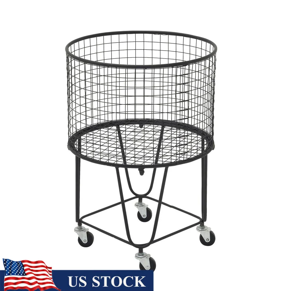 Metal Storage Cart Rolling Laundry Basket Black Round Grid Storage Base Wheels 18