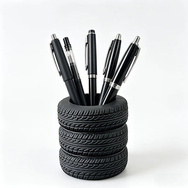 1PC Novelty Car Tire Design Pen Container Personalized Desktop Stationery Caddy Multi Functional Makeup Brush Storage Pot For Office Home Decor