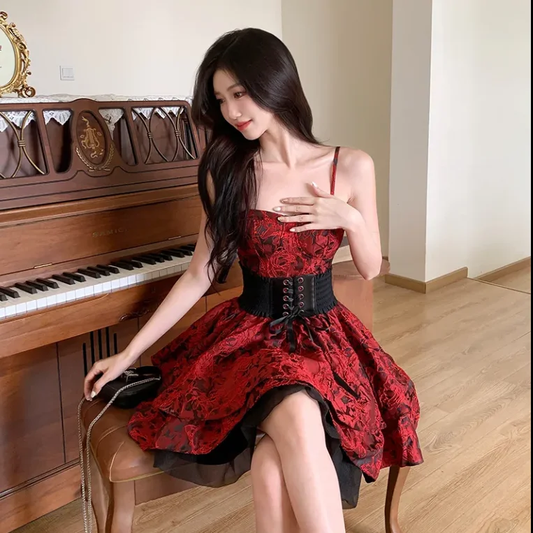 

French Vintage Dress with Rose Print, U-Neck Waistband and Chest Cushion Dress, 2025 Summer Elegant Party Women's Camisole Dress