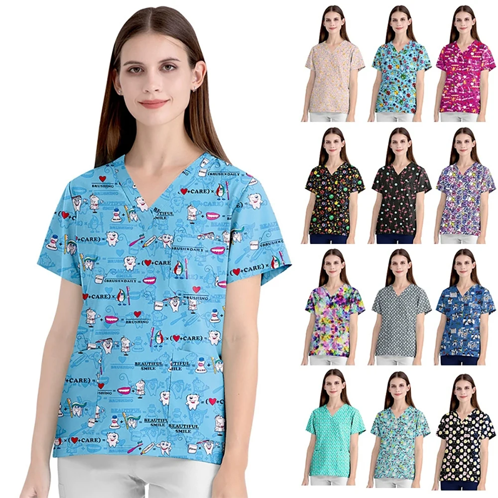 Scrub medico stampato a fumetti Top 100% puro cotone con scollo a V Uniformi chirurgiche ospedaliere Uniforme clinica per salone di bellezza Enfermeria
