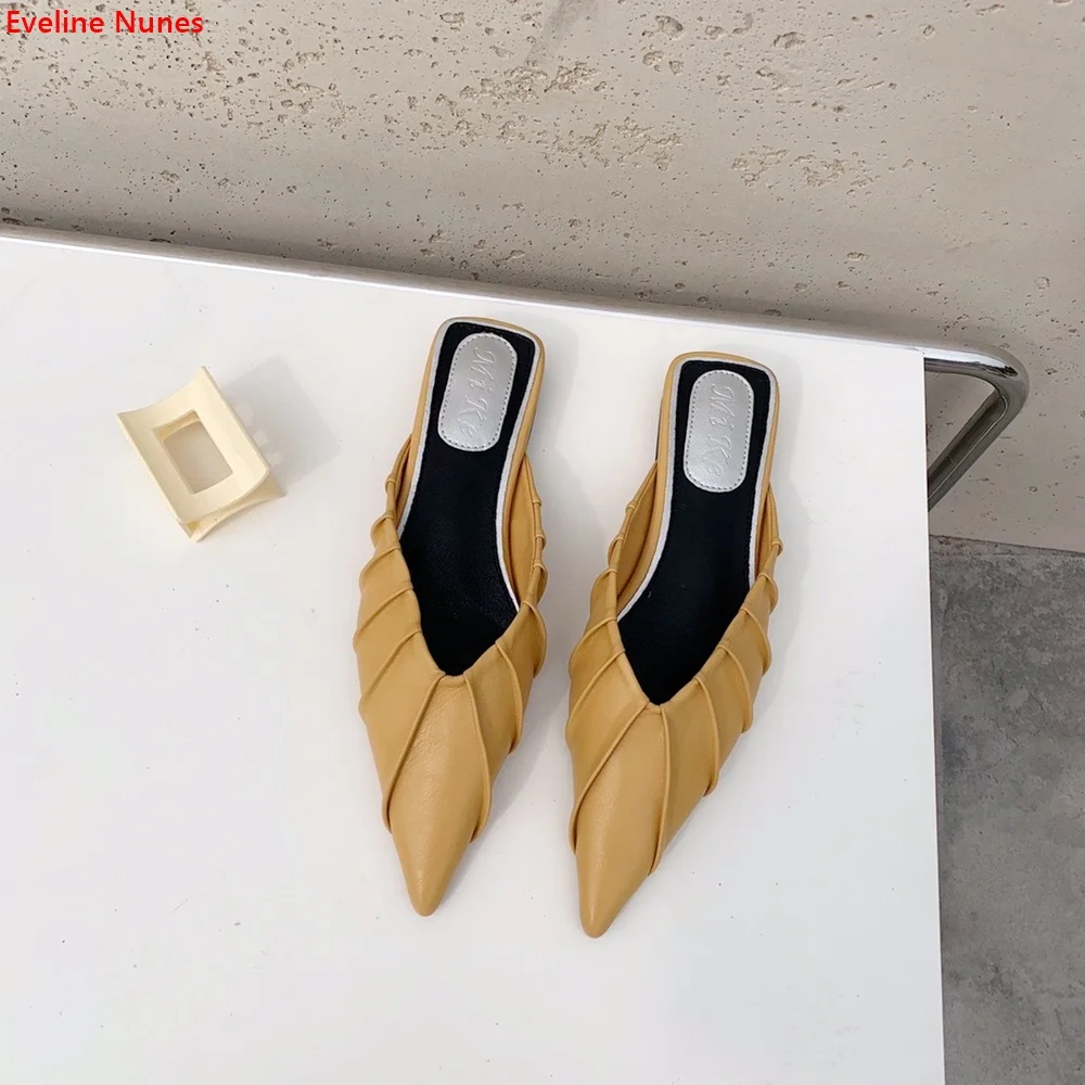 Wrinkled Surface Slip-on Slippers Women's New Arrival Summer Pointed Toe Hollow Bottom Heel Simple Fashion Confortable Shoes