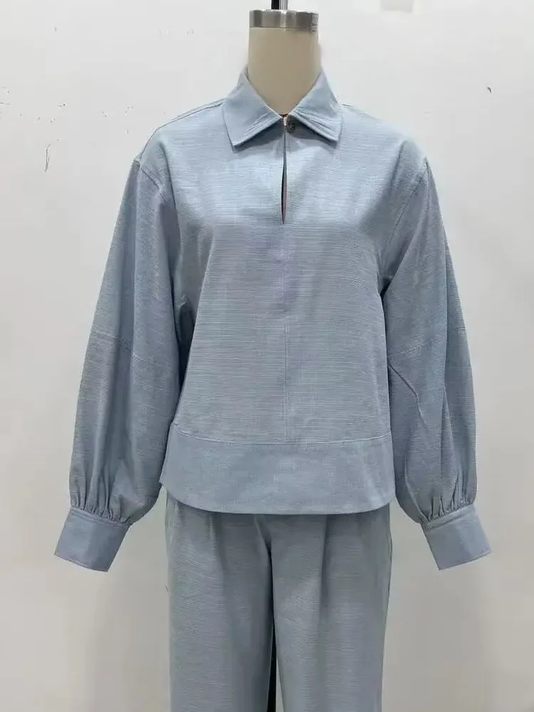 HH Moda feminina gola virada para baixo camisas de manga comprida + verão fino botão bolsos com zíper calças retas jeans conjunto de 2 peças