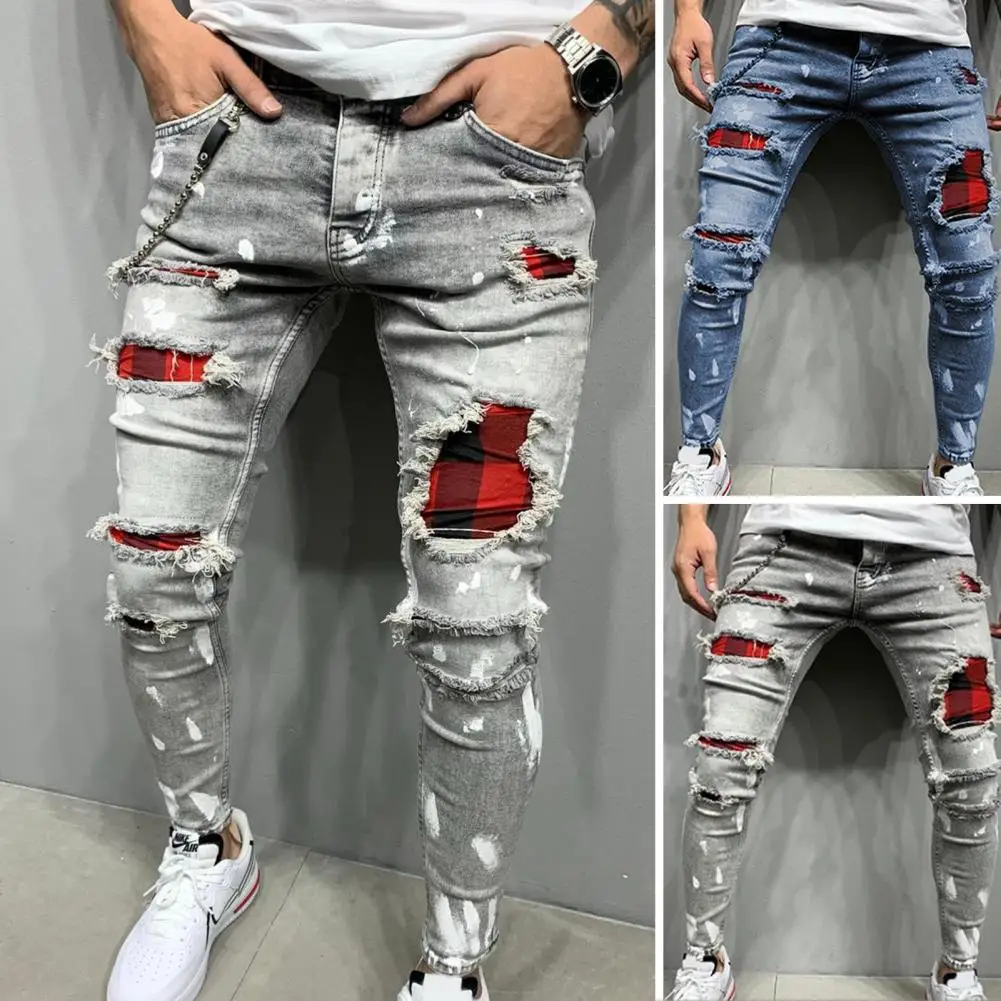 Men Denim Trousers Quilted Embroidered jeans Skinny Pants Ripped Grid Stretch Denim Pants Elastic Waist Patchwork Jogging Jeans