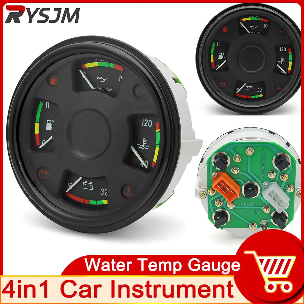 Waterproof 150mm 4 in 1 Gauge  Water Temp Meter Oil Pressure Fuel Level Voltmeter 24V for Auto Marine Motor + Warning Indicator